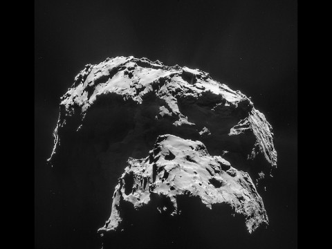 Comet 67P/Churyumov-Gerasimenko is seen here in an image captured by the Rosetta spacecraft. The mission's Philae lander hit the surface with a big bounce, demonstrating the comet's surface is hard. (ESA/Rosetta/NAVCAM)