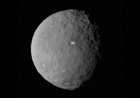 This image was taken by NASA's Dawn spacecraft of dwarf planet Ceres on Feb. 19 from a distance of nearly 29,000 miles (46,000 kilometers). It shows that the brightest spot on Ceres has a dimmer companion, which apparently lies in the same basin. (NASA/JPL-Caltech/UCLA/MPS/DLR/IDA)