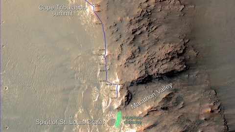 In February 2015, NASA's Mars Exploration Rover Opportunity is approaching a cumulative driving distance on Mars equal to the length of a marathon race. This map shows the rover's position relative to where it could surpass that distance. (NASA/JPL-Caltech/Univ. of Arizona) In February 2015, NASA's Mars Exploration Rover Opportunity is approaching a cumulative driving distance on Mars equal to the length of a marathon race. This map shows the rover's position relative to where it could surpass that distance. (NASA/JPL-Caltech/Univ. of Arizona)