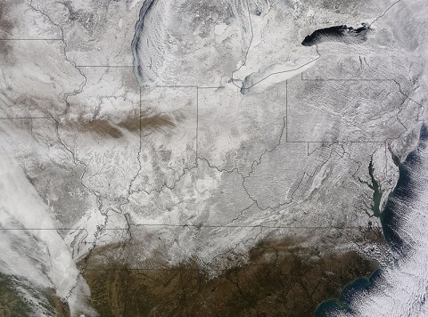 NASA's Terra satellite captured this picture of snow across the eastern United States on Feb. 19th at 16:20 UTC (11:20am EST). (NASA Goddard MODIS Rapid Response Team)