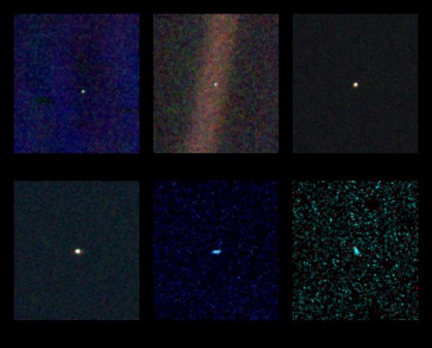 These six narrow-angle color images were made from the first ever "portrait" of the solar system taken by Voyager 1, which was more than 4 billion miles from Earth and about 32 degrees above the ecliptic. (NASA/JPL-Caltech)