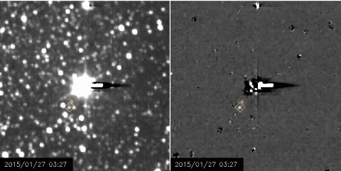 Assembled into a seven-frame movie, the new images provide the spacecraft’s first extended look at Hydra (identified by a yellow diamond ) and its first-ever view of Nix (orange diamond). (NASA/Johns Hopkins APL/Southwest Research Institute)