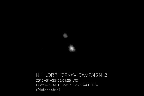 The image of Pluto and its moon Charon, taken by NASA’s New Horizons spacecraft, was magnified four times to make the objects more visible. Over the next several months, the apparent sizes of Pluto and Charon, as well as the separation between them, will continue to expand in the images. (NASA/JHU APL/SwRI)