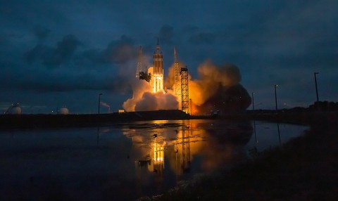 The United Launch Alliance Delta IV Heavy rocket with NASA’s Orion spacecraft mounted atop, lifts off from Cape Canaveral Air Force Station's Space Launch Complex 37 at at 7:05am EST, Friday, Dec. 5, 2014, in Florida. (NASA/Bill Ingalls)