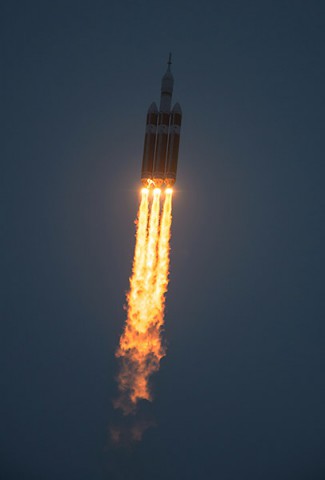 The United Launch Alliance Delta IV Heavy rocket with NASA’s Orion spacecraft mounted atop, lifts off from Cape Canaveral Air Force Station's Space Launch Complex 37 at at 7:05 a.m. EST, Friday, Dec. 5, 2014, in Florida. The Orion spacecraft will orbit Earth twice, reaching an altitude of approximately 3,600 miles above Earth before landing in the Pacific Ocean. (NASA/Bill Ingalls)