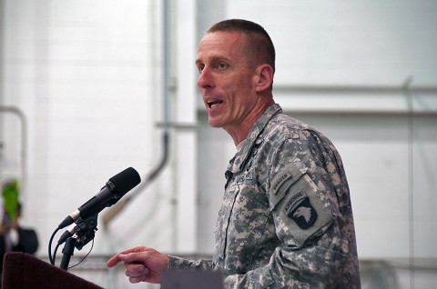 Maj. Gen. Gary J. Volesky, commanding general of the 101st Airborne Division and Fort Campbell senior commander, welcomes home redeploying Soldiers from the 101st Sustainment Brigade and 922nd Contingency Contracting Battalion during a homecoming ceremony March 22, 2015, at Fort Campbell, Ky.  (Sgt. Leejay Lockhart, 101st Sustainment Brigade Public Affairs)