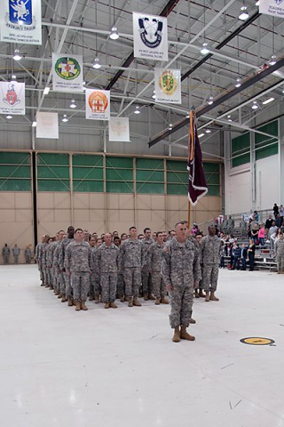 Soldiers from Headquarters and Headquarters Battalion, 101st Airborne Division; the 101st Sustainment Brigade and the 86th Combat Support Hospital take part in a welcome home ceremony March 11 at Fort Campbell. While deployed, each unit contributed to the success of Operation United Assistance, the U.S. Agency for International Development led comprehensive efforts to aid those affected by the Ebola outbreak in Liberia and surrounding areas. (Sgt. Leejay Lockhart, 101st Sustainment Brigade Public Affairs)