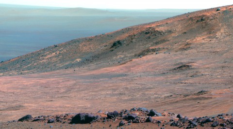 This view from NASA's Opportunity Mars rover shows part of "Marathon Valley" as seen from an overlook north of the valley. It was taken by the rover's Pancam on March 13, 2015. (NASA/JPL-Caltech/Cornell Univ./Arizona State Univ.)