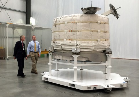 William Gerstenmaier, NASA’s associate administrator for human exploration and operations, and Jason Crusan, director of the agency's advanced exploration systems division, view the Bigelow Expandable Activity Module at Bigelow’s facility in Las Vegas on March 12th. (Stephanie Schierholz)