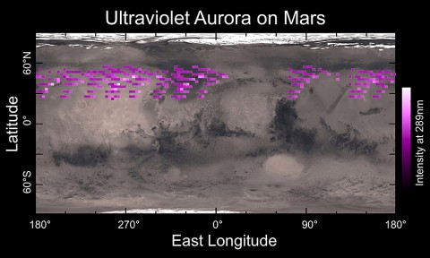 A map of IUVS’s auroral detections in December 2014 overlaid on Mars’ surface. The map shows that the aurora was widespread in the northern hemisphere, not tied to any geographic location. The aurora was detected in all observations during a 5-day period. (University of Colorado) A map of IUVS’s auroral detections in December 2014 overlaid on Mars’ surface. The map shows that the aurora was widespread in the northern hemisphere, not tied to any geographic location. The aurora was detected in all observations during a 5-day period. (University of Colorado)