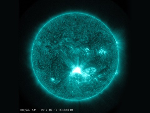 Solar flares – such as this one captured by NASA's SDO on July 12, 2012, are initiated by a phenomenon called magnetic reconnection. (NASA/SDO) Solar flares – such as this one captured by NASA's SDO on July 12, 2012, are initiated by a phenomenon called magnetic reconnection. (NASA/SDO)