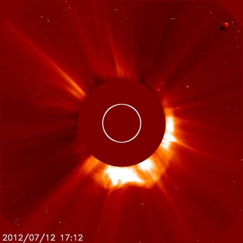 Solar eruptive events caused by magnetic reconnection on the sun can lead to giant ejections of solar material, called coronal mass ejections. This one, as observed by the joint ESA/NASA Solar and Heliospheric Observatory, traveled through space toward Earth in July 2012. (ESA&NASA/SOHO)