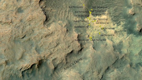 This area at the base of Mount Sharp on Mars includes a pale outcrop, called "Pahrump Hills," that NASA's Curiosity Mars rover investigated from September 2014 to March 2015, and the "Artist's Drive" route toward higher layers of the mountain. (NASA/JPL-Caltech/Univ. of Arizona)