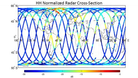 First image from a test of the radar instrument on NASA's Soil Moisture Active Passive satellite Feb. 27-28, 2015. The test was performed with SMAP's antenna in a non-spinning mode, which limits measurement swath widths to 25 miles (40 kilometers). (NASA/JPL-Caltech; NASA Goddard Space Flight Center)