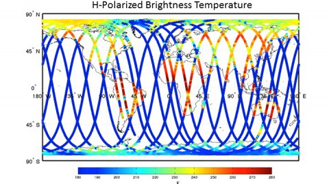 First image from a test of the radiometer instrument on NASA's Soil Moisture Active Passive satellite Feb. 27-28, 2015. The test was performed with SMAP's antenna in a non-spinning mode, which limits measurement swath widths to 25 miles (40 kilometers).  (NASA/JPL-Caltech; NASA Goddard Space Flight Center)