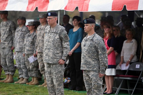 Assuming responsibility in a ceremony Thursday, Blanchfield's top NCO, Command Sgt. Maj. Thomas Sutphin, right, will serve as senior advisor to hospital commander Col. George N. Appenzeller, as well as directors and department chiefs. (U.S. Army photo by David E. Gillespie/RELEASED)