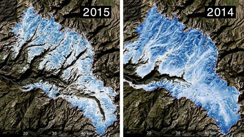 Spatial distribution of the total volume of water in the snowpack across the Tuolumne River Basin on March 25, 2015 (left) and April 7, 2014 (right) as measured by NASA's Airborne Snow Observatory. (NASA/JPL-Caltech)