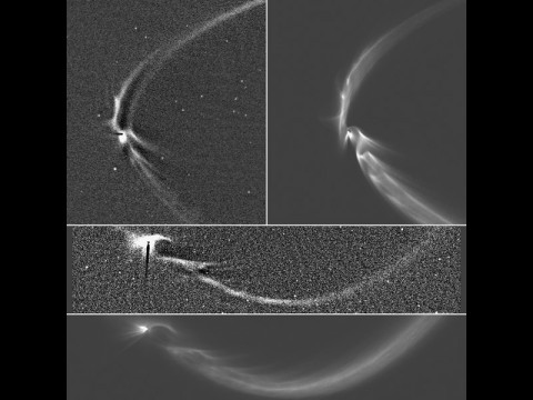 This collage, consisting of two Cassini images of long, sinuous, tendril-like features from Saturn's moon Enceladus and two corresponding computer simulations of the same, illustrates how well the structures, and the sizes of the particles composing them, can be modeled by tracing the trajectories of tiny, icy grains ejected from Enceladus' south polar geysers. (NASA/JPL-Caltech/Space Science Institute)