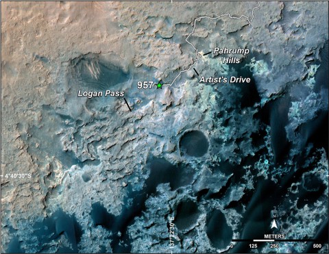 A green star marks the location of NASA's Curiosity Mars rover after a drive on the mission's 957th Martian day, or sol, (April 16, 2015). The map covers an area about 1.25 miles (2 kilometers) wide. (NASA/JPL-Caltech/Univ. of Arizona)