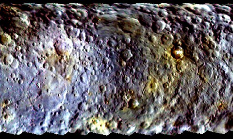 This map-projected view of Ceres was created from images taken by NASA's Dawn spacecraft during its initial approach to the dwarf planet, prior to being captured into orbit in March 2015. (NASA/JPL-Caltech/UCLA/MPS/DLR/IDA)