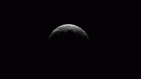 This animation shows the north pole of dwarf planet Ceres as seen by the Dawn spacecraft on April 10, 2015. Dawn was at a distance of 21,000 miles (33,000 kilometers) when its framing camera took these images. (NASA/JPL-Caltech/UCLA/MPS/DLR/IDA)