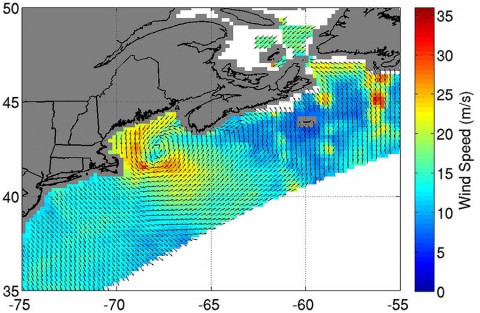 On Jan. 28, 2015 from 2:41 to 4:14 UTC, ISS-RapidScat saw the nor'easter's strongest sustained winds (red) between 56 and 67 mph (25 to 30 mps/90 to 108 kph) just off-shore from eastern Cape Cod. (NASA JPL/Doug Tyler)