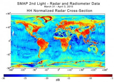 SMAP radar image acquired from data from March 31 to April 3, 2015. Weaker radar signals (blues) reflect low soil moisture or lack of vegetation, such as in deserts. Strong radar signals (reds) are seen in forests. SMAP's radar also takes data over the ocean and sea ice. (NASA/JPL-Caltech/GSFC)