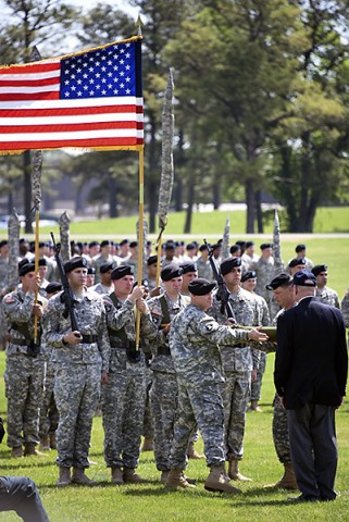 Command Sgt. Maj. Mark Lindsey, the senior most noncommissioned officer for the 159th Combat Aviation Brigade, 101st Airborne Division (Air Assault), Col. Jimmy Blackmon, commander, 159th CAB, and retired Col. Bob Freeman, the honorary colonel of the brigade, case the Thunder Brigade's colors for the final time during an inactivation ceremony at the division parade field on Fort Campbell, Ky., May 7, 2015. (Staff Sgt. Joel Salgado, 3rd Brigade Combat Team, 101st Airborne Division (Air Assault) Public Affairs)