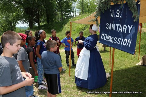 Melissa Allen explains the duties of the U.S. Sanitary Commission to Kenwood Elementary School 5th Graders.