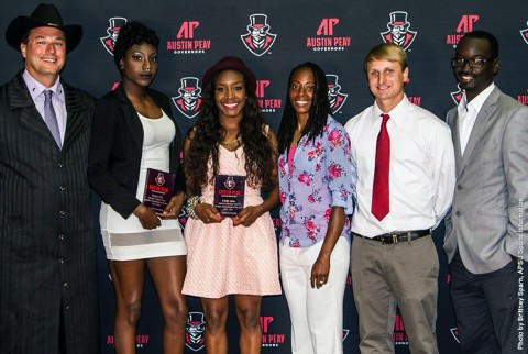 Austin Peay track and field sophomore jumper Kaylnn Pitts and junior sprinter Breigh Jones and sophomore jumper Kaylnn Pitts were named 2015 Ohio Valley Conference Outdoor Women's Co-Field and Track Athletes of the Year, respectively. (APSU Sports Information)