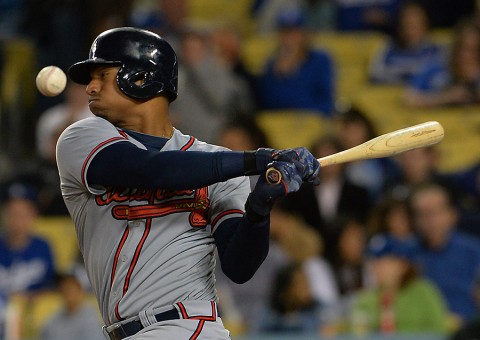 Atlanta Braves catcher Christian Bethancourt (27) fouls off a ball in the ninth inning of the game against the Los Angeles Dodgers at Dodger Stadium. Dodgers won 8-0. (Jayne Kamin-Oncea-USA TODAY Sports)