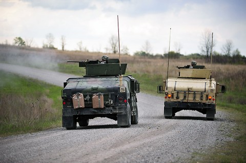 Soldiers assigned to Company D, 1st Battalion, 187th Infantry Regiment, 3rd Brigade Combat Team, 101st Airborne Division, engage targets at St. Vith Range at Fort Knox, KY, April 30th, 2015. The Soldiers from Dragon Company trained Fort Knox as part of a crew, section and platoon certification used to verify the heavy weapons company's ability to provide fire support to the battalion's rifle companies. (Spc. Eric Provost, 3rd Brigade Combat Team, 101st Airborne Division (Air Assault) Public Affairs)