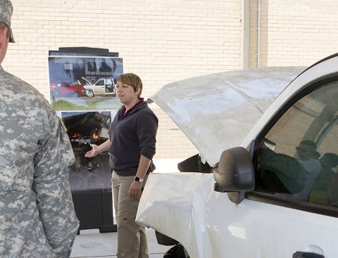 Officer Melissa Spielhagen, with the Clarksville Police Department fatal crash investigations, trains Soldiers from the 716th Military Police Battalion on alcohol safety May 1, 2015, at Fort Campbell, Ky. She used a real-life example of a fatal crash that involved alcohol to demonstrate the importance of not driving after drinking. (Sgt. Leejay Lockhart, 101st Sustainment Brigade, 101st Airborne Division (Air Assault) Public Affairs)