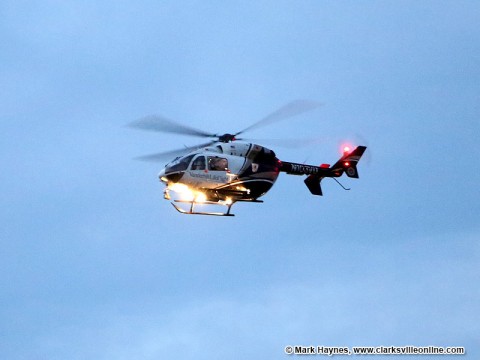 Life-Flight helicopter taking motorcyclist to Vanderbilt Medical Center.