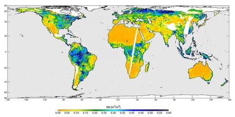 High-resolution global soil moisture map from SMAP's combined radar and radiometer instruments, acquired between May 4 and May 11, 2015 during SMAP's commissioning phase. The map has a resolution of 5.6 miles (9 kilometers). The data gap is due to turning the instruments on and off during testing. (NASA/JPL-Caltech/GSFC)