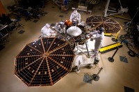 The solar arrays on NASA’s InSight lander are deployed in this test inside a clean room at Lockheed Martin Space Systems, Denver. This configuration is how the spacecraft will look on the surface of Mars. The image was taken on April 30, 2015. (NASA/JPL-Caltech/Lockheed Martin)