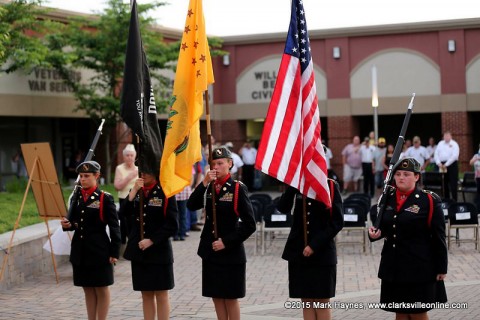 The Montgomery Central JROTC Color Guard retiring the colors. The Montgomery Central JROTC Color Guard retiring the colors.