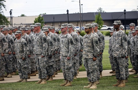 Soldiers from the Wisconsin and Utah Army National Guard and U.S. Army Reserve sing the Army song after donning the historic "Old Abe" patch ceremony at 101st Division Headquarters, at Fort Campbell, Ky., June 16, 2015. (Staff Sgt. Terrance D. Rhodes, 2nd Brigade Combat Team, 101st Airborne Division (AA) Public Affairs) Soldiers from the Wisconsin and Utah Army National Guard and U.S. Army Reserve sing the Army song after donning the historic "Old Abe" patch ceremony at 101st Division Headquarters, at Fort Campbell, Ky., June 16, 2015. (Staff Sgt. Terrance D. Rhodes, 2nd Brigade Combat Team, 101st Airborne Division (AA) Public Affairs)