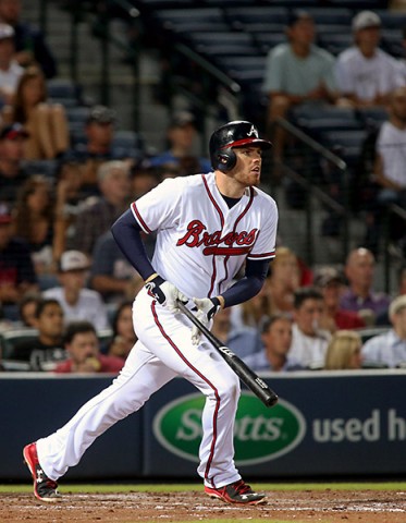 Atlanta Braves Freddie Freeman (5) hits a single in the sixth inning of their game against the San Diego Padres at Turner Field. (Jason Getz-USA TODAY   Sports)