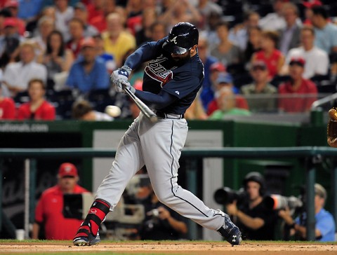 Atlanta Braves outfielder Nick Markakis (22) singles in the first inning against the Washington Nationals at Nationals Park. (Evan Habeeb-USA TODAY   Sports)