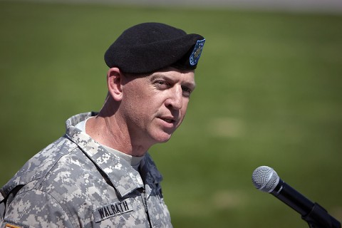 Lt. Col. Bryan J. Walrath speaks during relinquishment of command ceremony Thursday. (U.S. Army photo by David E. Gillespie)