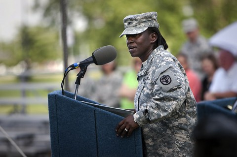 After assuming command of Blanchfield Army Community Hospital Monday, Col. Telita Crosland tells the Fort Campbell community she is humbled by the opportunity and looks forward to building upon Blanchfield's successes. (U.S. Army photo by David E. Gillespie)