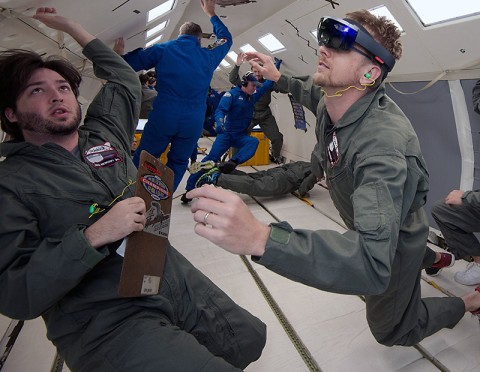 NASA and Microsoft engineers test Project Sidekick on NASA's Weightless Wonder C9 jet. Project Sidekick will use Microsoft HoloLens to provide virtual aid to astronauts working on the International Space Station. (NASA)