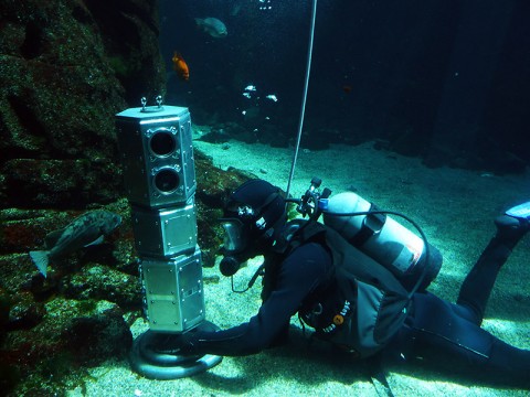 Researchers tested an under-ice rover's systems at the bottom of a large aquatic exhibit at the California Science Center. Principal investigator Andy Klesh is also a volunteer diver at the science center. (NASA/JPL-Caltech) Researchers tested an under-ice rover's systems at the bottom of a large aquatic exhibit at the California Science Center. Principal investigator Andy Klesh is also a volunteer diver at the science center. (NASA/JPL-Caltech)