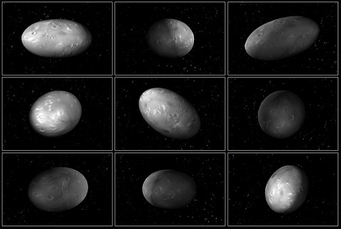 This set of computer modeling illustrations of Pluto’s moon Nix shows how the orientation of the moon changes unpredictably as it orbits the “double planet” Pluto-Charon. (NASA/ESA/M. Showalter (SETI)/G. Bacon (STScI))