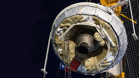 NASA's Low-Density Supersonic Decelerator test vehicle attached to launch tower just prior to take off. (NASA)