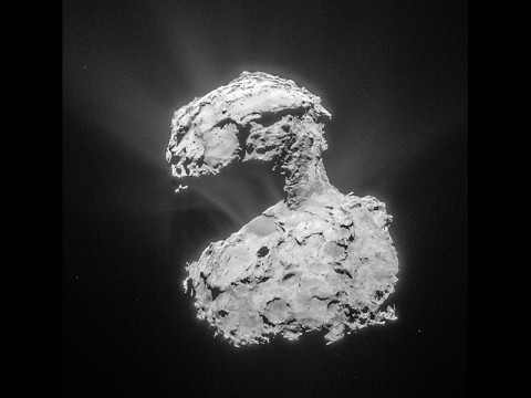 This image, by the Rosetta navigation camera, was taken from a distance of about 53 miles (86 kilometers) from the center of Comet 67P/Churyumov-Gerasimenko on March 14th, 2015. The image has a resolution of 24 feet (7 meters) per pixel and is cropped and processed to bring out the details of the comet's activity. (ESA/Rosetta/NAVCAM)