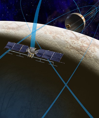 This artist's rendering shows a concept for a future NASA mission to Europa in which a spacecraft would make multiple close flybys of the icy Jovian moon, thought to contain a global subsurface ocean. (NASA/JPL-Caltech)