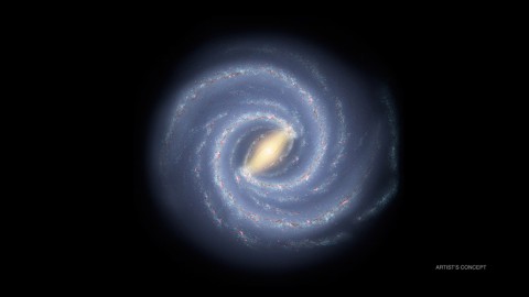 This artist's concept depicts the most up-to-date information about the shape of our own Milky Way galaxy. We live around a star, our sun, located about two-thirds of the way out from the center. (NASA/JPL-Caltech/R. Hurt (SSC/Caltech))