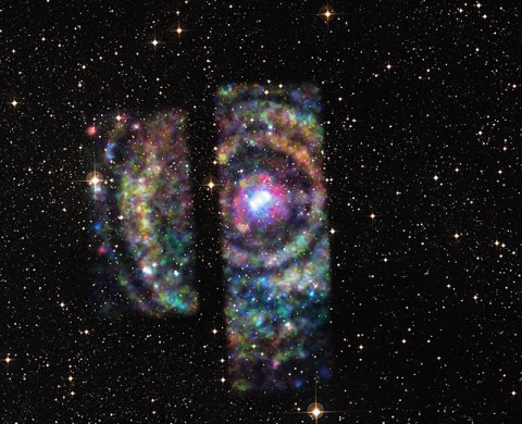 A light echo in X-rays detected by NASA’s Chandra X-ray Observatory has provided a rare opportunity to precisely measure the distance to an object on the other side of the Milky Way galaxy. The rings exceed the field-of-view of Chandra’s detectors, resulting in a partial image of X-ray data. (NASA/CXC/U. Wisconsin/S. Heinz)